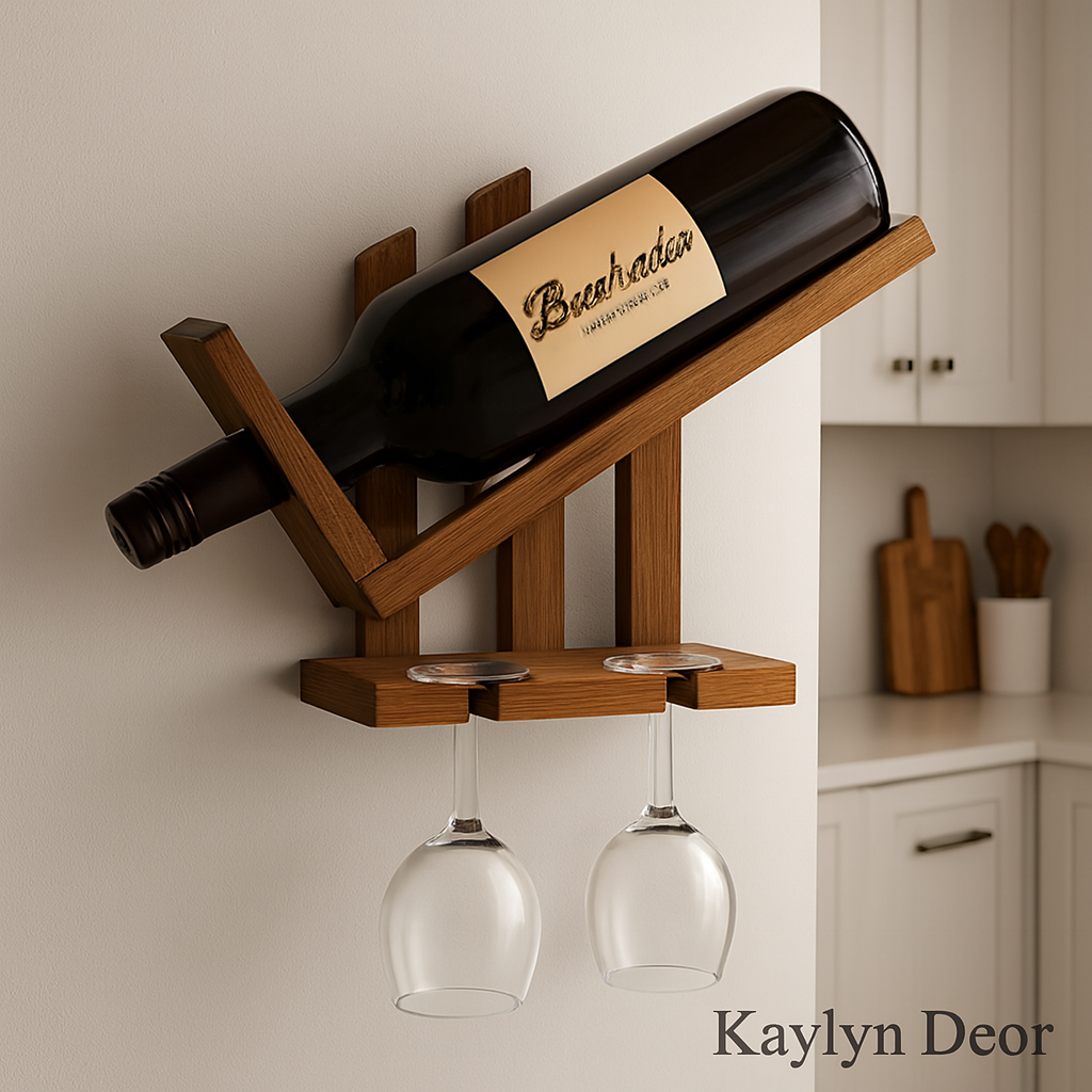 Wall Hanging Wooden Wine Rack – Solid Wood Mini Bar for Home with Bottle Storage & Glass Hanging Space, Walnut Finish