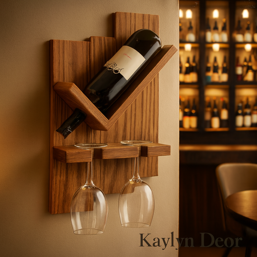 Wall Hanging Wooden Wine Rack – Solid Wood Mini Bar for Home with Bottle Storage & Glass Hanging Space, Walnut Finish