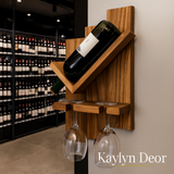 Wall Hanging Wooden Wine Rack – Solid Wood Mini Bar for Home with Bottle Storage & Glass Hanging Space, Walnut Finish