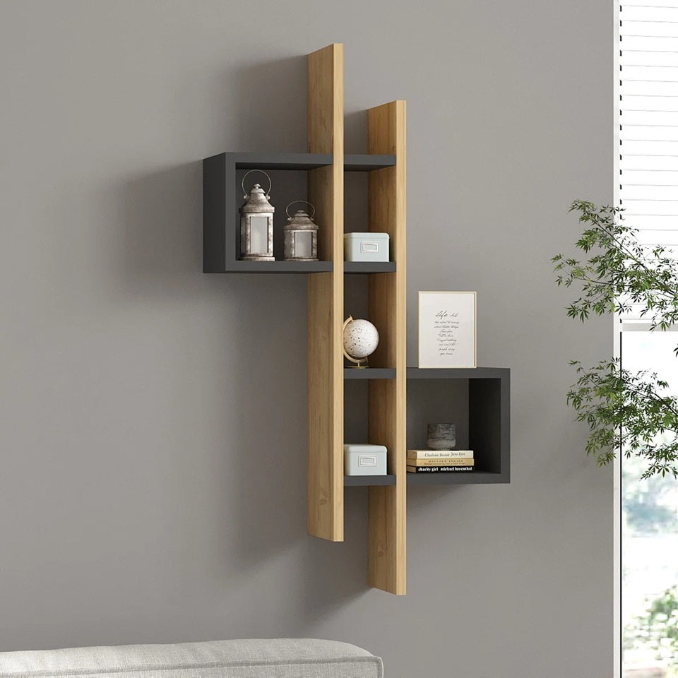 Multi-Tier Wooden Wall Shelf Set of 2 – Vertical Floating Wall Mounted Shelves for Indoor Plants, Books, Photo Frames & Decor | Modern Wall Organizer for Living Room (Black)