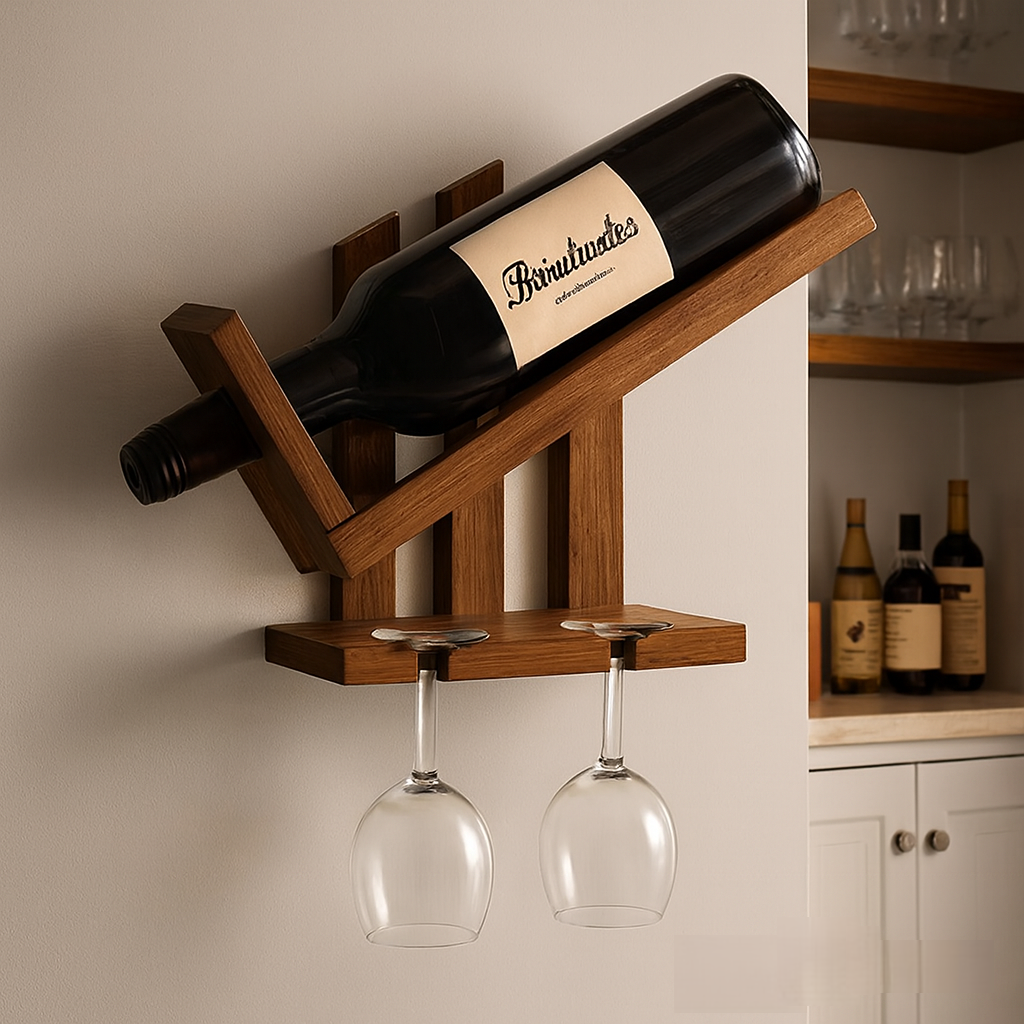 Wall Hanging Wooden Wine Rack – Solid Wood Mini Bar for Home with Bottle Storage & Glass Hanging Space, Walnut Finish