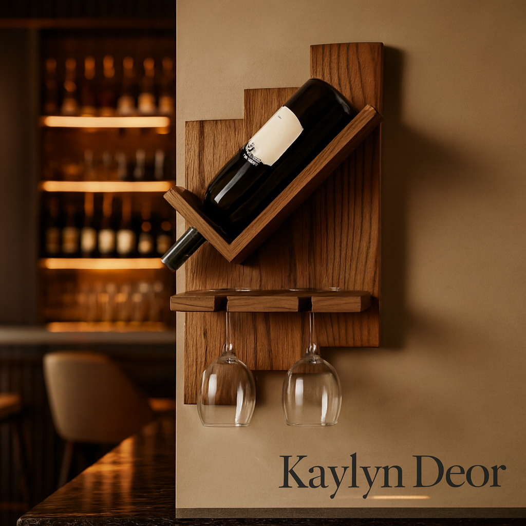 Wall Hanging Wooden Wine Rack – Solid Wood Mini Bar for Home with Bottle Storage & Glass Hanging Space, Walnut Finish
