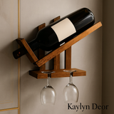 Wall Hanging Wooden Wine Rack – Solid Wood Mini Bar for Home with Bottle Storage & Glass Hanging Space, Walnut Finish
