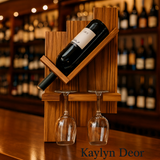 Wall Hanging Wooden Wine Rack – Solid Wood Mini Bar for Home with Bottle Storage & Glass Hanging Space, Walnut Finish