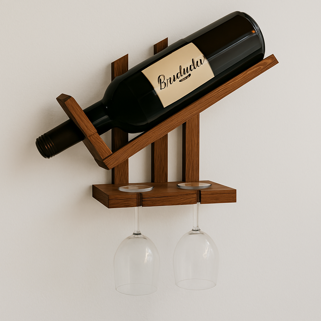 Wall Hanging Wooden Wine Rack – Solid Wood Mini Bar for Home with Bottle Storage & Glass Hanging Space, Walnut Finish