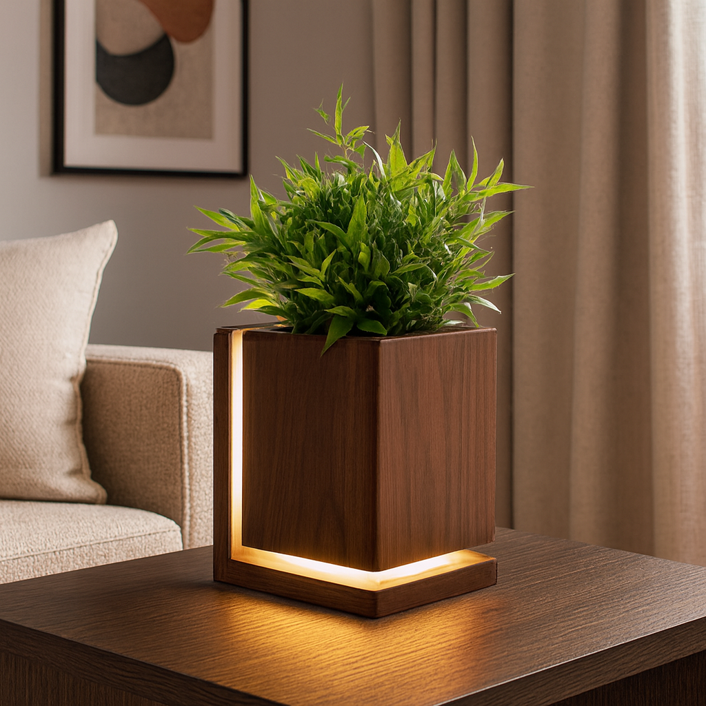 LED Wooden Planter Pot Lamp – Eco-Friendly Wood Plant Pot with Built-in Night Light, Waterproof & Durable Decorative Accent for Living Room | Bedroom | Office (Natural Finish)
