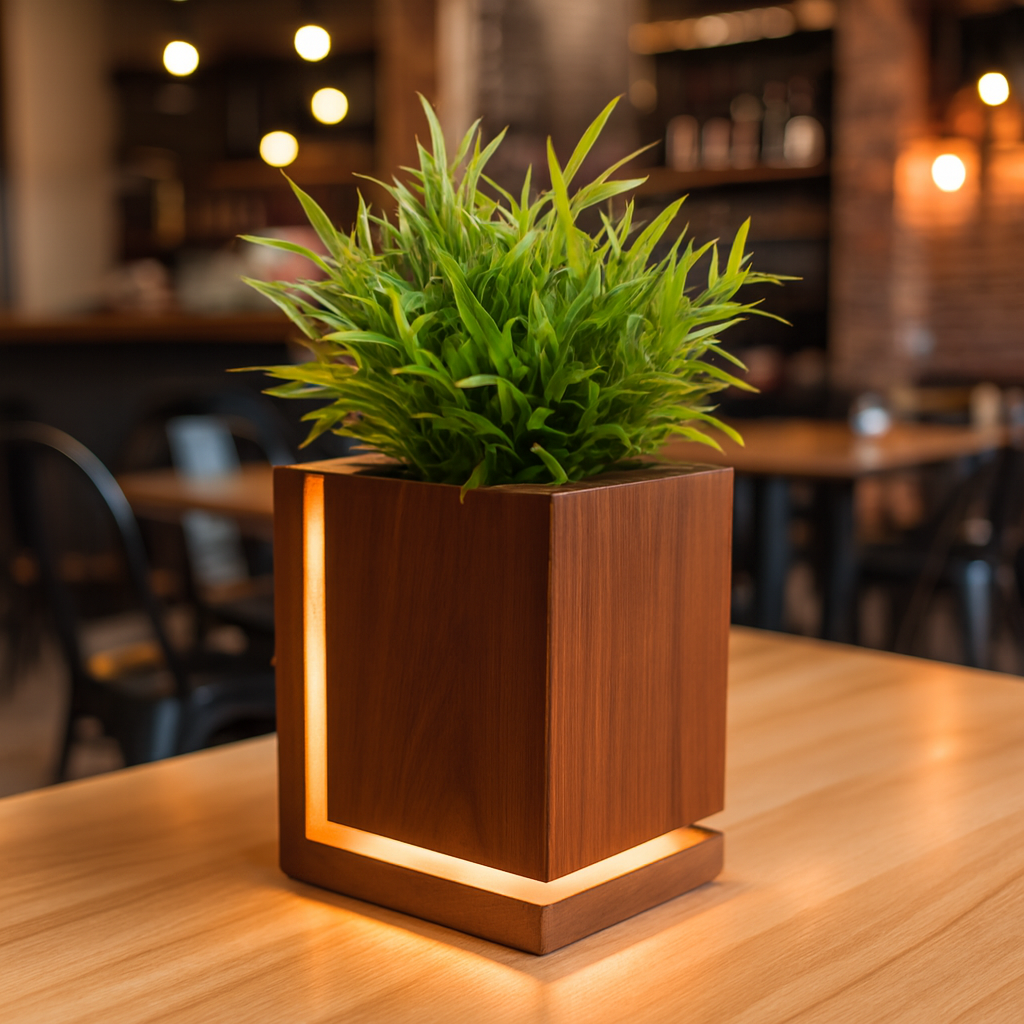 LED Wooden Planter Pot Lamp – Eco-Friendly Wood Plant Pot with Built-in Night Light, Waterproof & Durable Decorative Accent for Living Room | Bedroom | Office (Natural Finish)