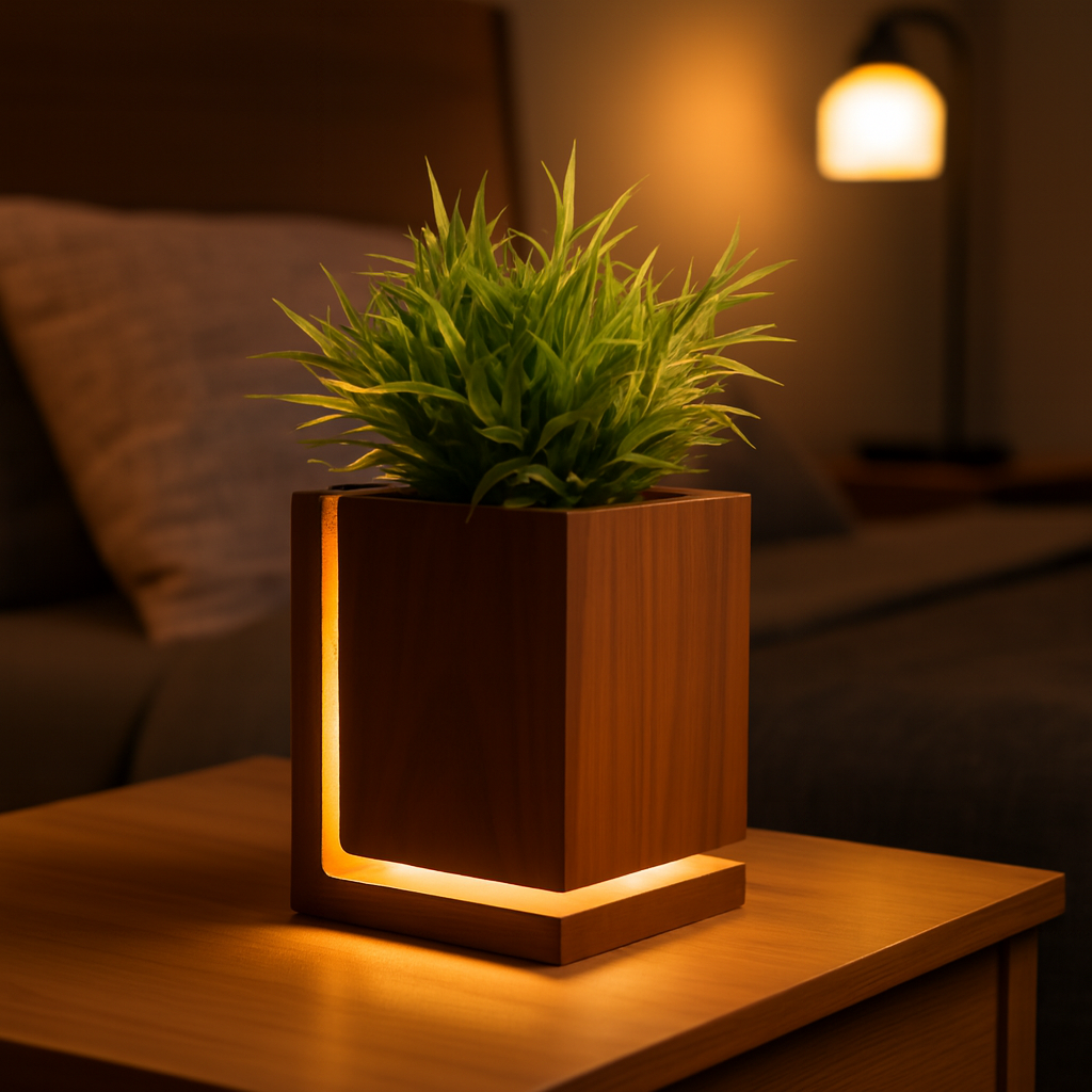 LED Wooden Planter Pot Lamp – Eco-Friendly Wood Plant Pot with Built-in Night Light, Waterproof & Durable Decorative Accent for Living Room | Bedroom | Office (Natural Finish)