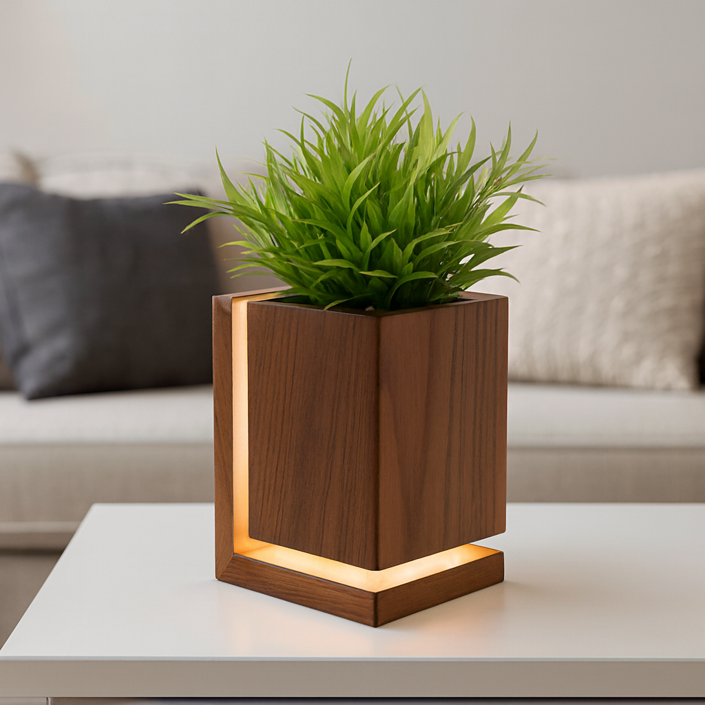 LED Wooden Planter Pot Lamp – Eco-Friendly Wood Plant Pot with Built-in Night Light, Waterproof & Durable Decorative Accent for Living Room | Bedroom | Office (Natural Finish)