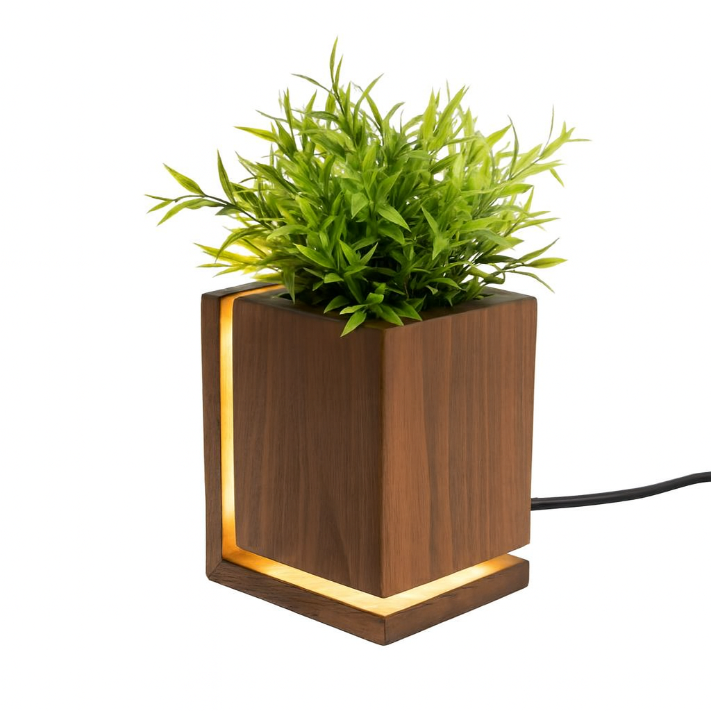 LED Wooden Planter Pot Lamp – Eco-Friendly Wood Plant Pot with Built-in Night Light, Waterproof & Durable Decorative Accent for Living Room | Bedroom | Office (Natural Finish)