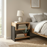 Modern Bedside Table with Open Shelf Storage – Wooden Nightstand for Bedroom | Compact End Table | Small Side Table for Living Room (Black & Brown)