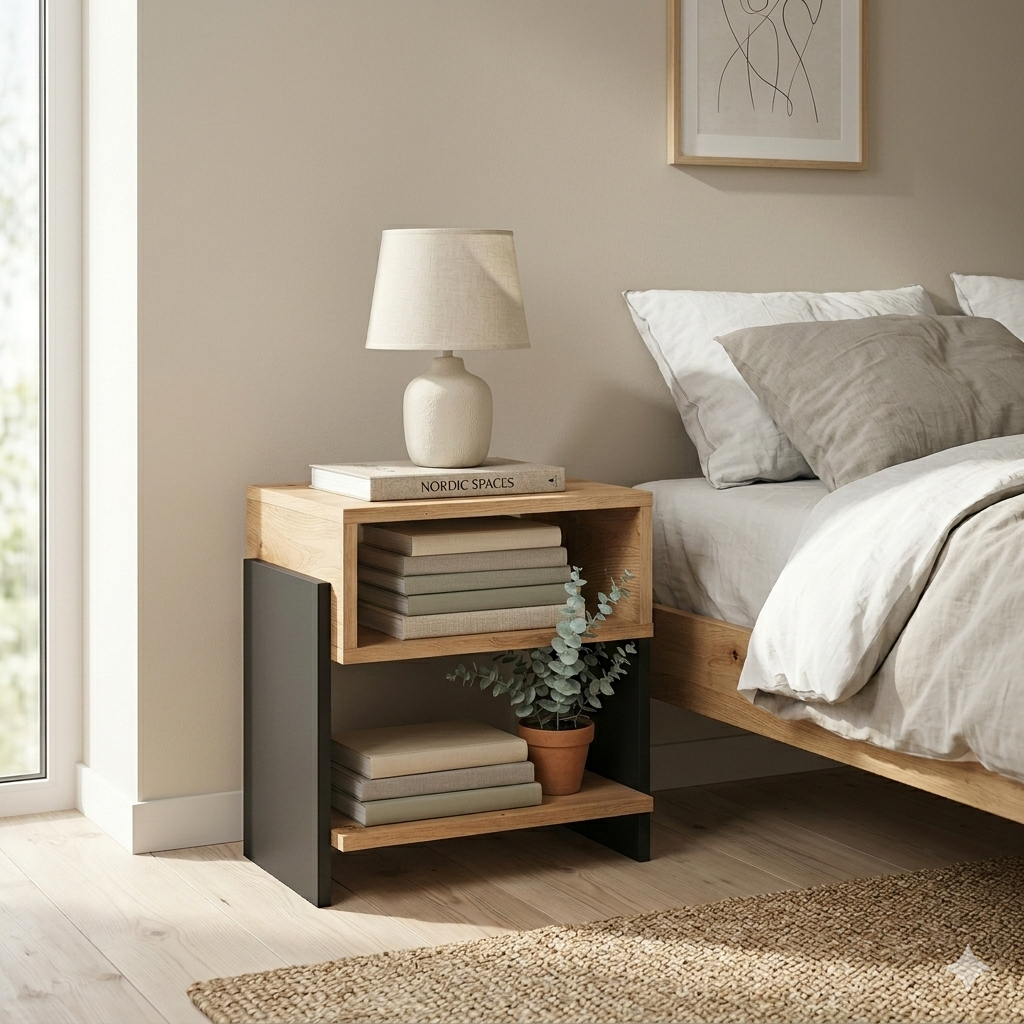 Modern Bedside Table with Open Shelf Storage – Wooden Nightstand for Bedroom | Compact End Table | Small Side Table for Living Room (Black & Brown)