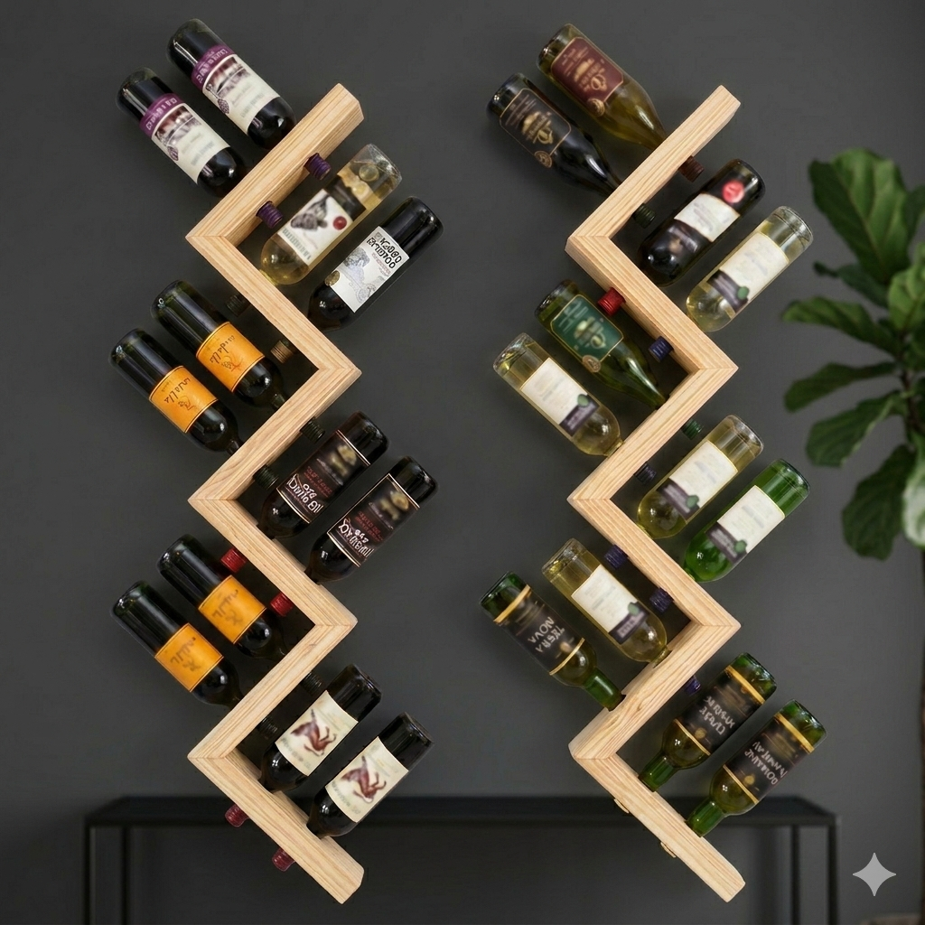 Kaylyn Decor Wall Hanging Wooden Wine Rack – Solid Wood Mini Bar for Home with Bottle Storage & Glass Hanging Space