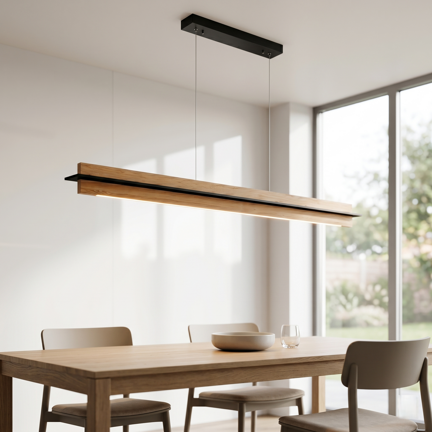 Kaylyn Decor Wooden Pendant Light | Slim Ceiling-Suspended Lamp with White Ambience | Natural Pine Wood Hanging Light for Dining Table & Kitchen Island