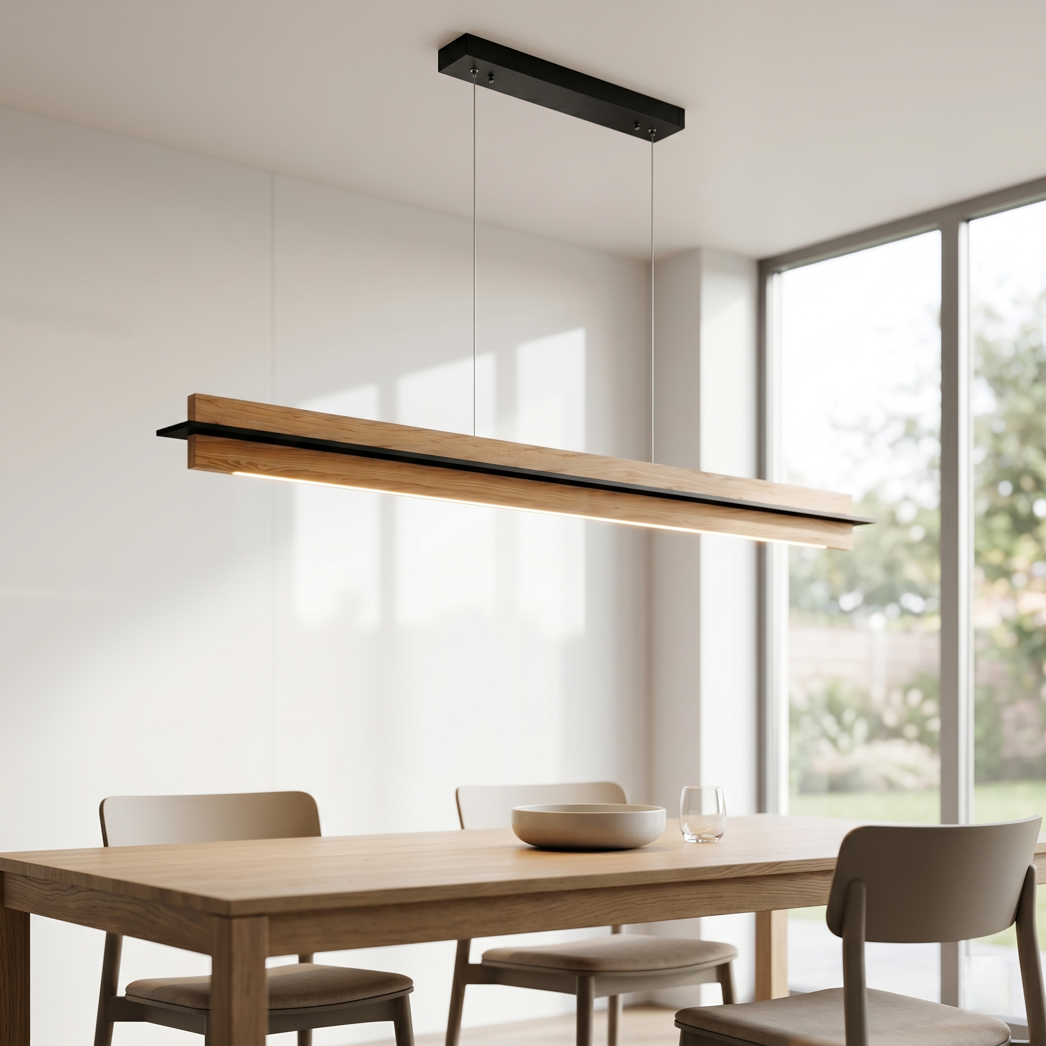 Kaylyn Decor Wooden Pendant Light | Slim Ceiling-Suspended Lamp with White Ambience | Natural Pine Wood Hanging Light for Dining Table & Kitchen Island