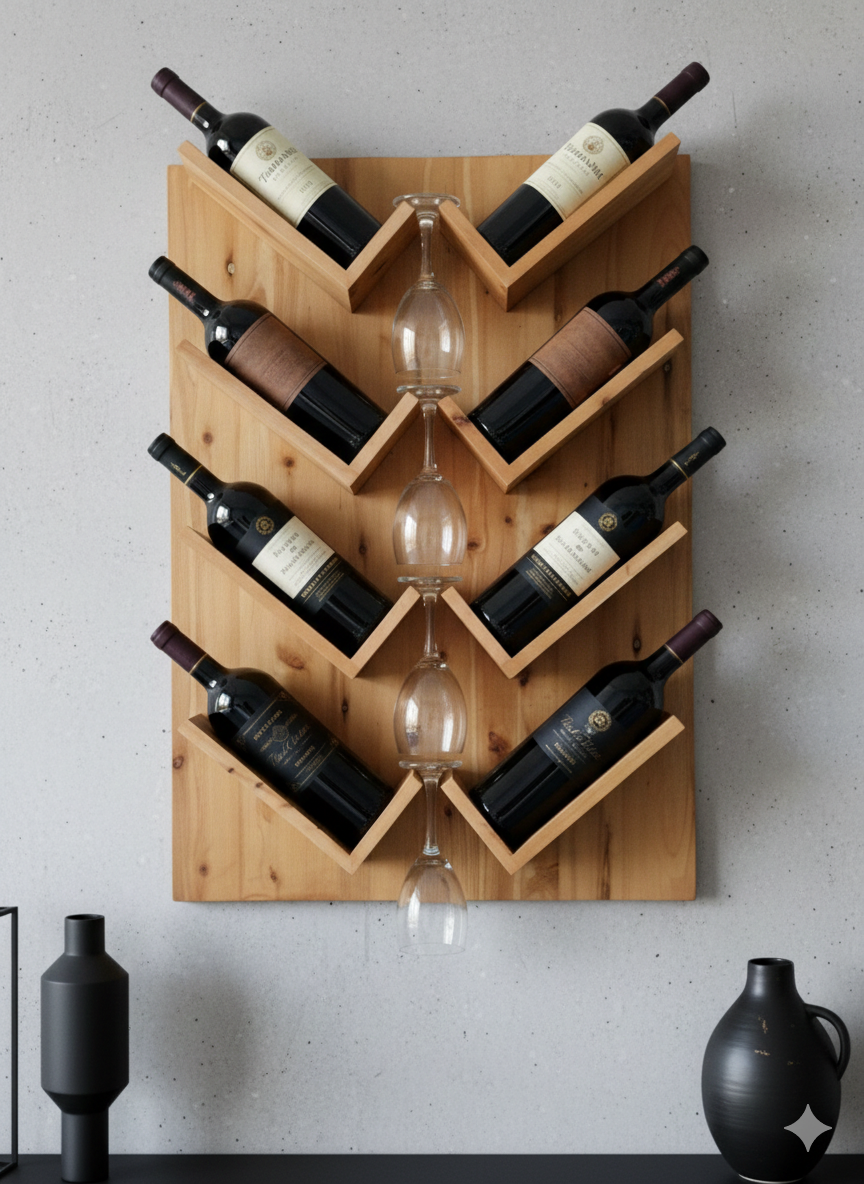 Wall-Mounted Wine Rack with Glass Holder – Rustic Wooden Shelf for Bottles & Stemware, Perfect for Kitchen, Bar, Dining Room, or Home Bar Decor