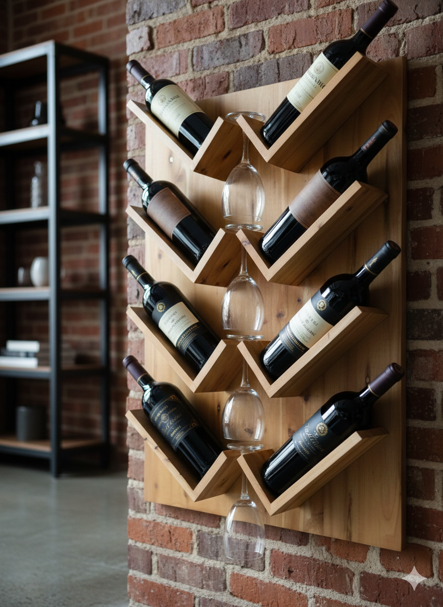 Wall-Mounted Wine Rack with Glass Holder – Rustic Wooden Shelf for Bottles & Stemware, Perfect for Kitchen, Bar, Dining Room, or Home Bar Decor