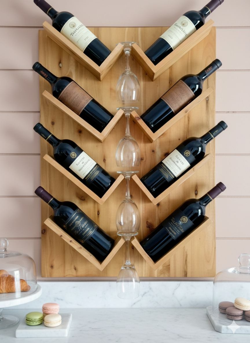 Wall-Mounted Wine Rack with Glass Holder – Rustic Wooden Shelf for Bottles & Stemware, Perfect for Kitchen, Bar, Dining Room, or Home Bar Decor