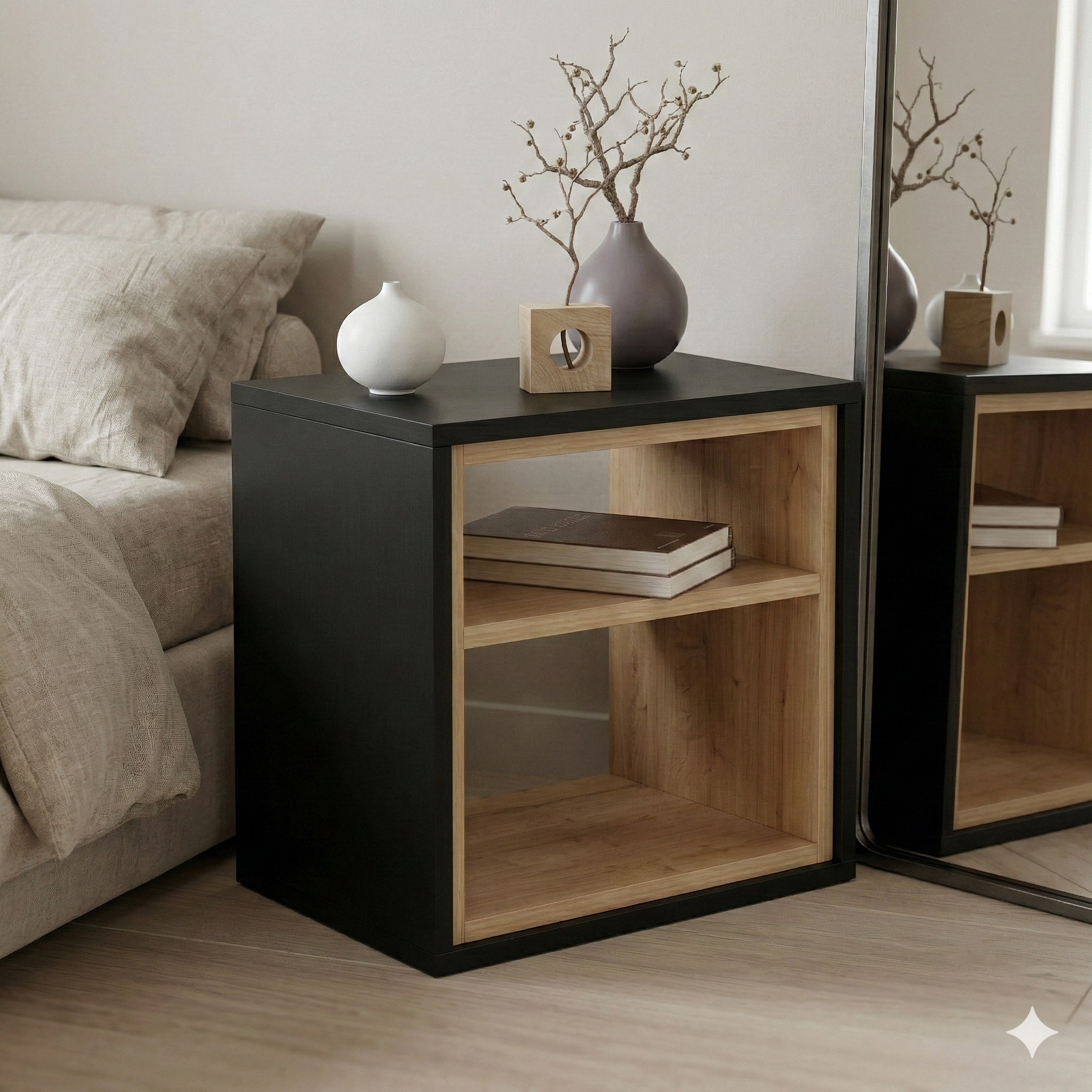Modern Bedside Table with Open Shelf Storage – Wooden Nightstand for Bedroom | Compact End Table | Small Side Table for Living Room