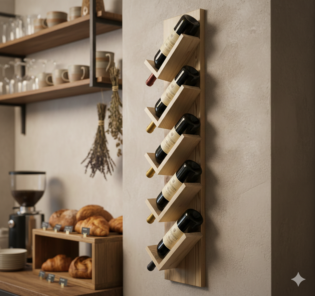 Wall-Mounted Wine Rack with Glass Holder – Rustic Wooden Shelf for Bottles & Stemware, Perfect for Kitchen, Bar, Dining Room, or Home Bar Decor