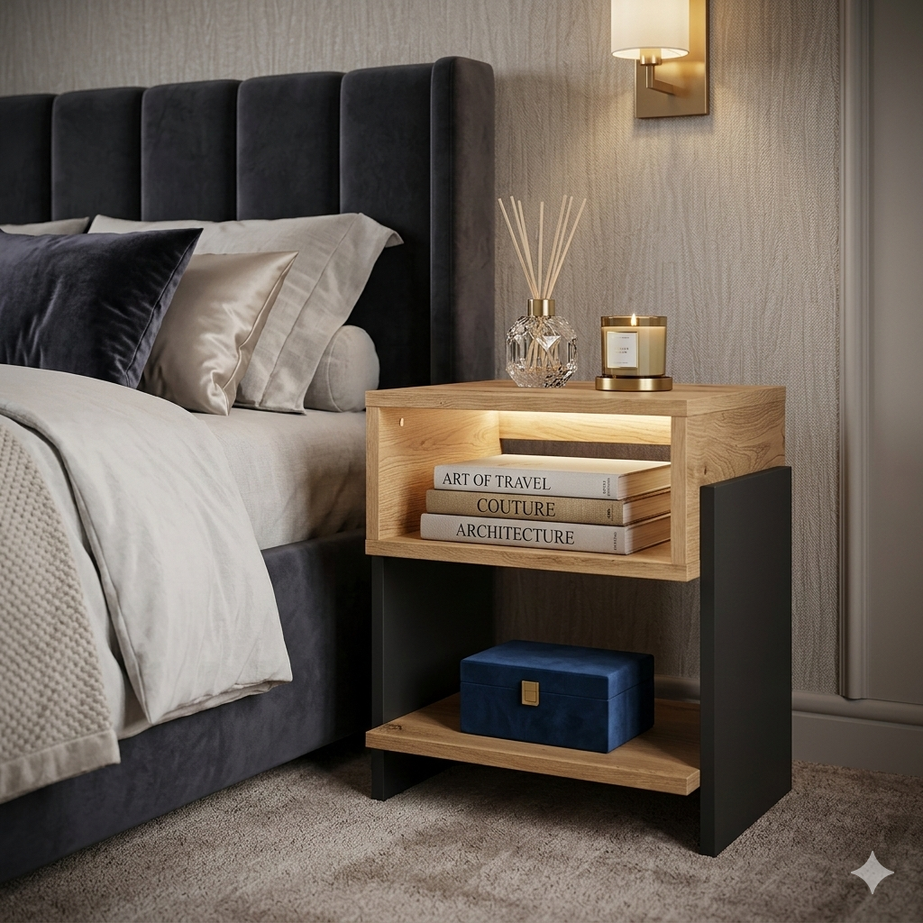 Modern Bedside Table with Open Shelf Storage – Wooden Nightstand for Bedroom | Compact End Table | Small Side Table for Living Room (Black & Brown)
