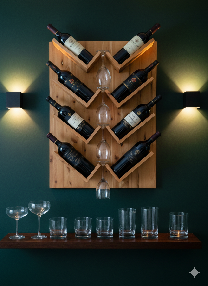 Wall-Mounted Wine Rack with Glass Holder – Rustic Wooden Shelf for Bottles & Stemware, Perfect for Kitchen, Bar, Dining Room, or Home Bar Decor