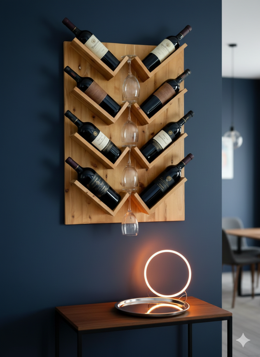 Wall-Mounted Wine Rack with Glass Holder – Rustic Wooden Shelf for Bottles & Stemware, Perfect for Kitchen, Bar, Dining Room, or Home Bar Decor