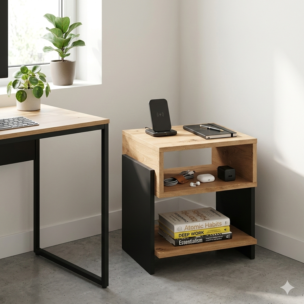 Modern Bedside Table with Open Shelf Storage – Wooden Nightstand for Bedroom | Compact End Table | Small Side Table for Living Room (Black & Brown)