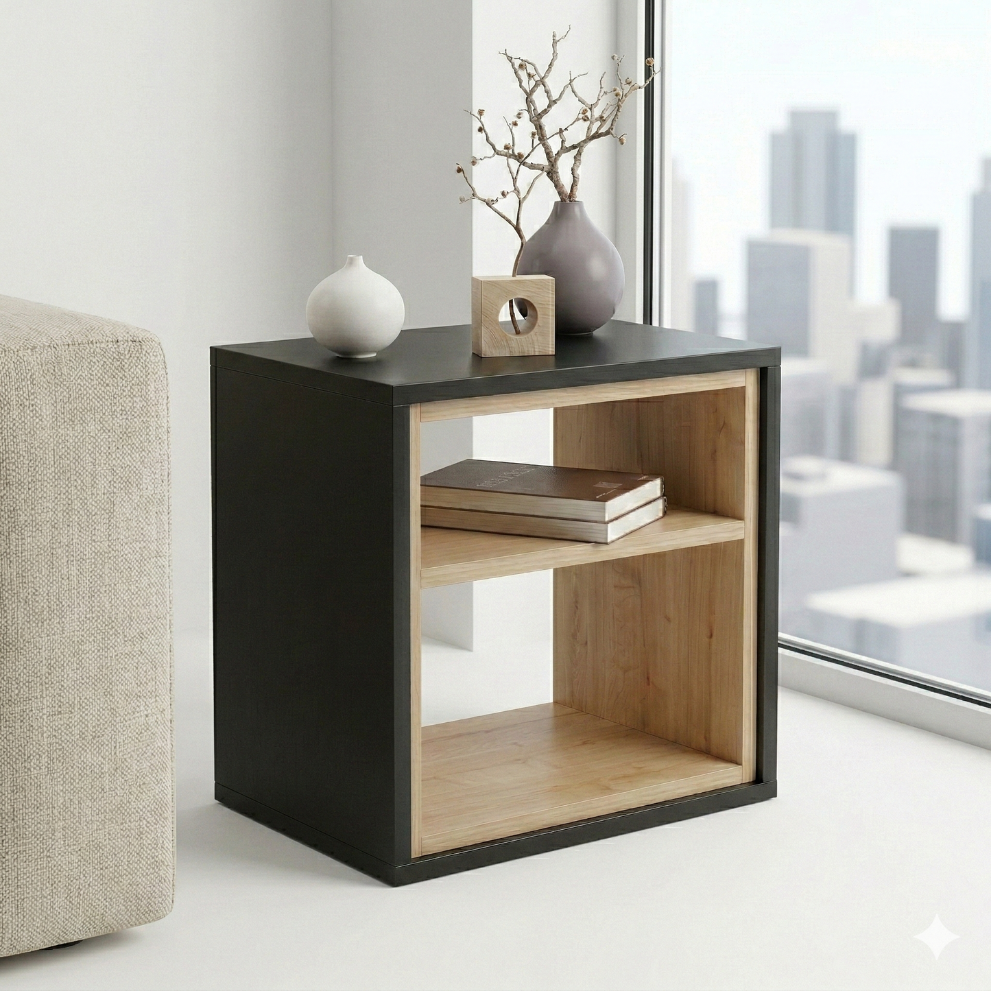 Modern Bedside Table with Open Shelf Storage – Wooden Nightstand for Bedroom | Compact End Table | Small Side Table for Living Room