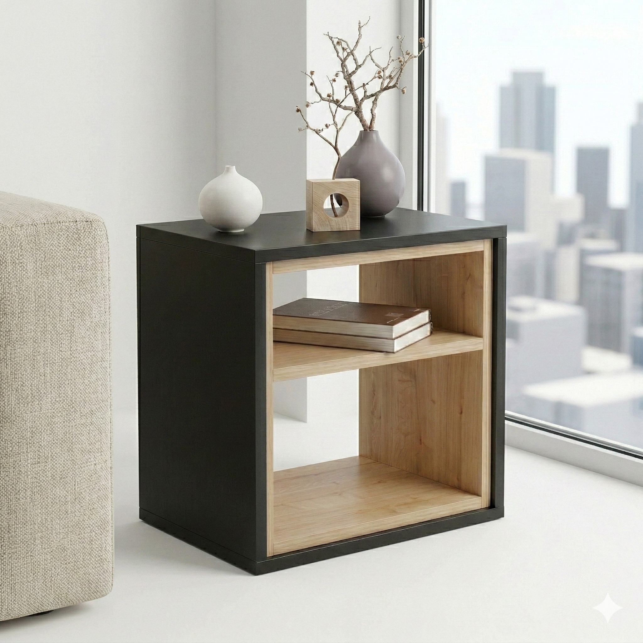 Modern Bedside Table with Open Shelf Storage – Wooden Nightstand for Bedroom | Compact End Table | Small Side Table for Living Room