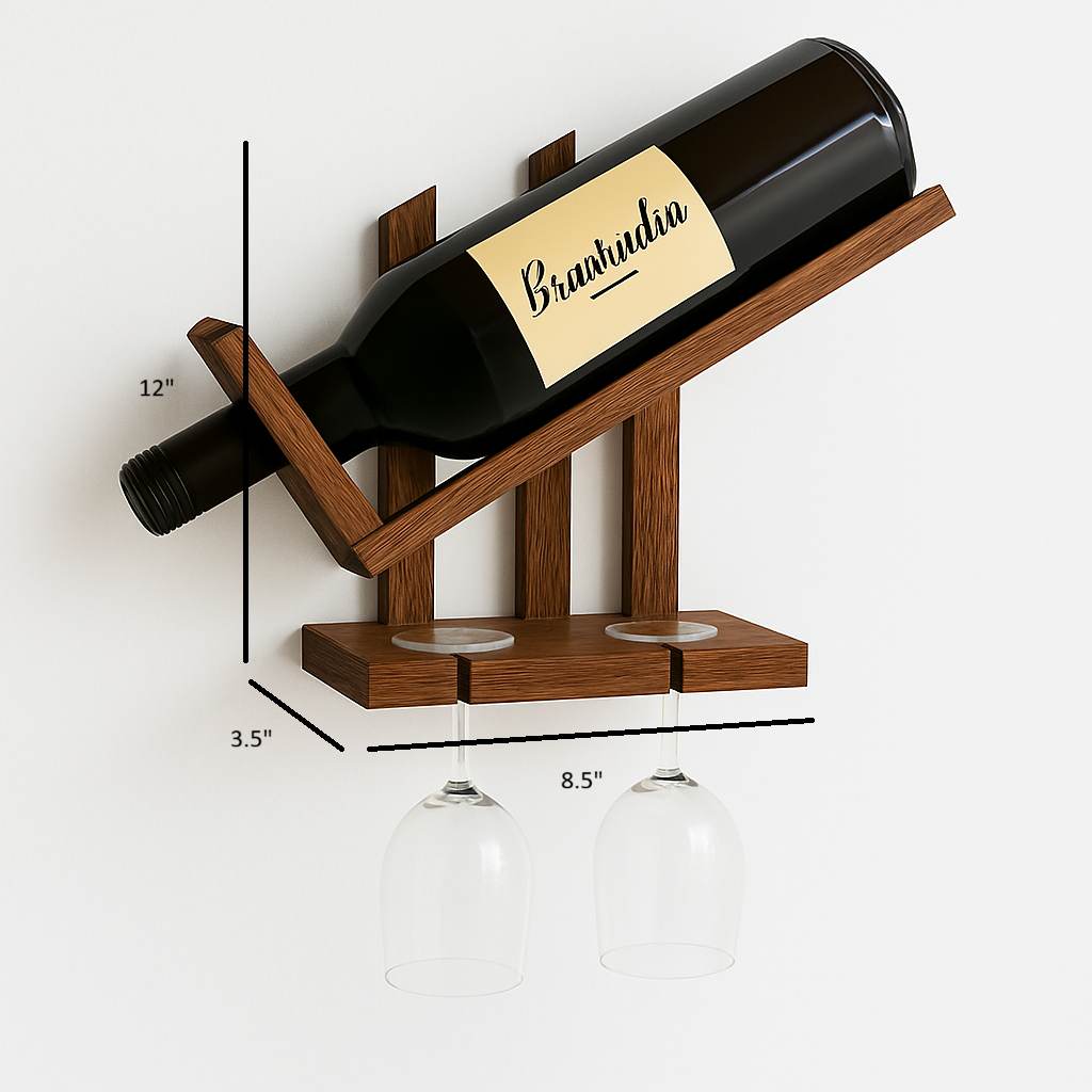 Wall Hanging Wooden Wine Rack – Solid Wood Mini Bar for Home with Bottle Storage & Glass Hanging Space, Walnut Finish
