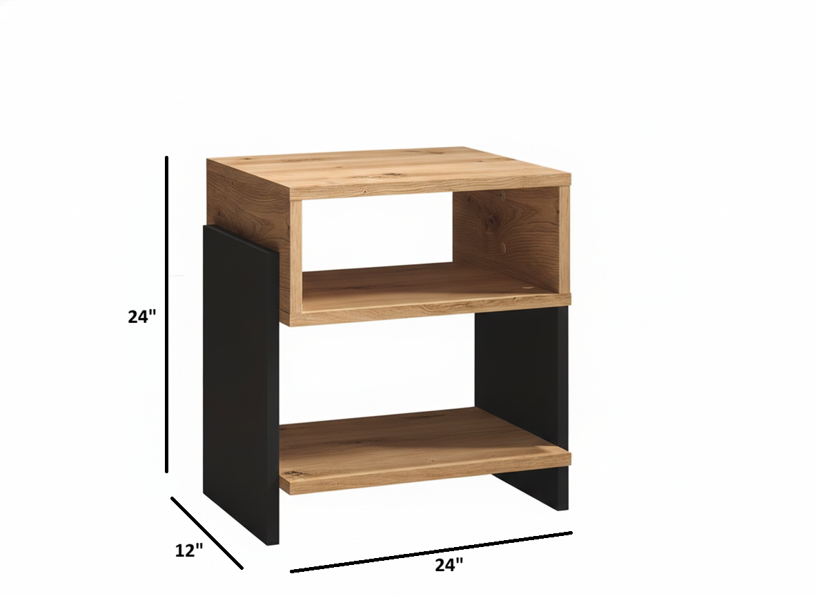 Modern Bedside Table with Open Shelf Storage – Wooden Nightstand for Bedroom | Compact End Table | Small Side Table for Living Room (Black & Brown)