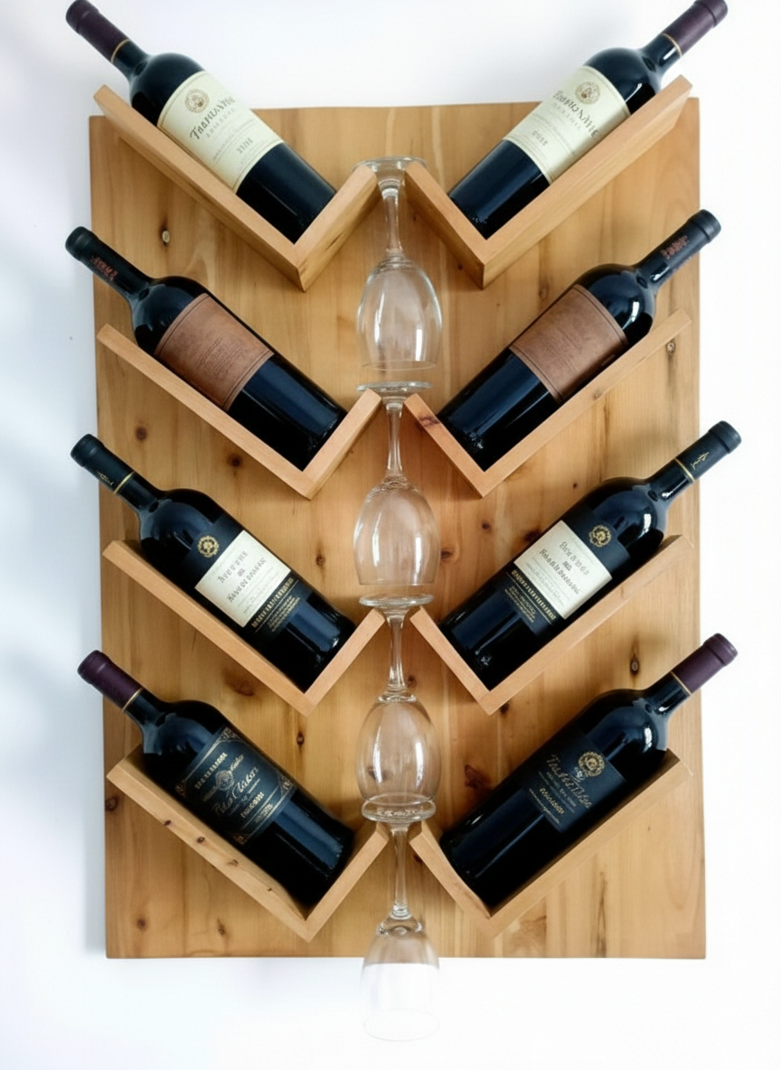 Wall-Mounted Wine Rack with Glass Holder – Rustic Wooden Shelf for Bottles & Stemware, Perfect for Kitchen, Bar, Dining Room, or Home Bar Decor