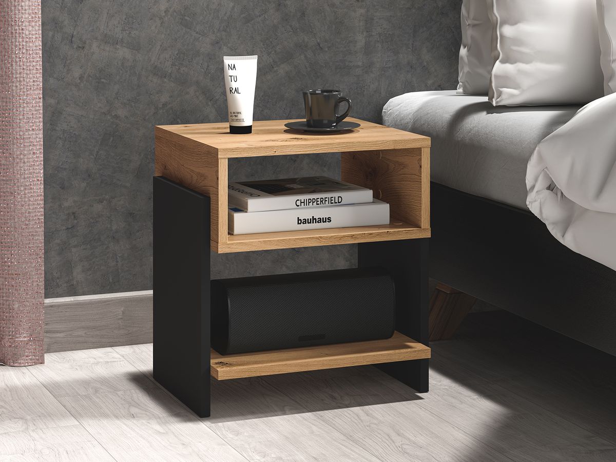 Modern Bedside Table with Open Shelf Storage – Wooden Nightstand for Bedroom | Compact End Table | Small Side Table for Living Room (Black & Brown)